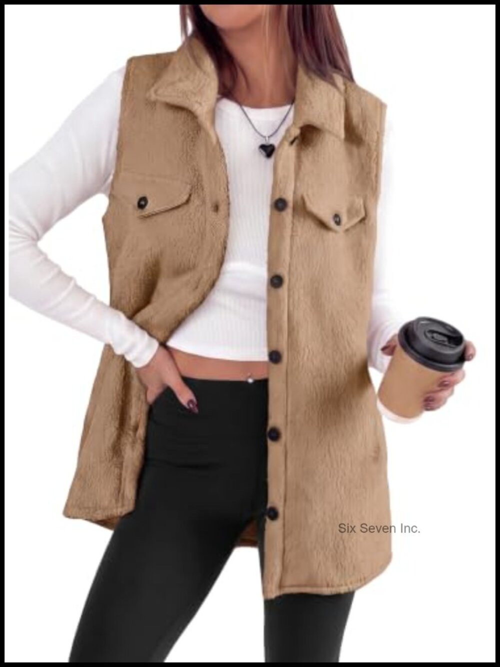 Sherpa Fleece Sleeveless Button Down Long Vest Jacket